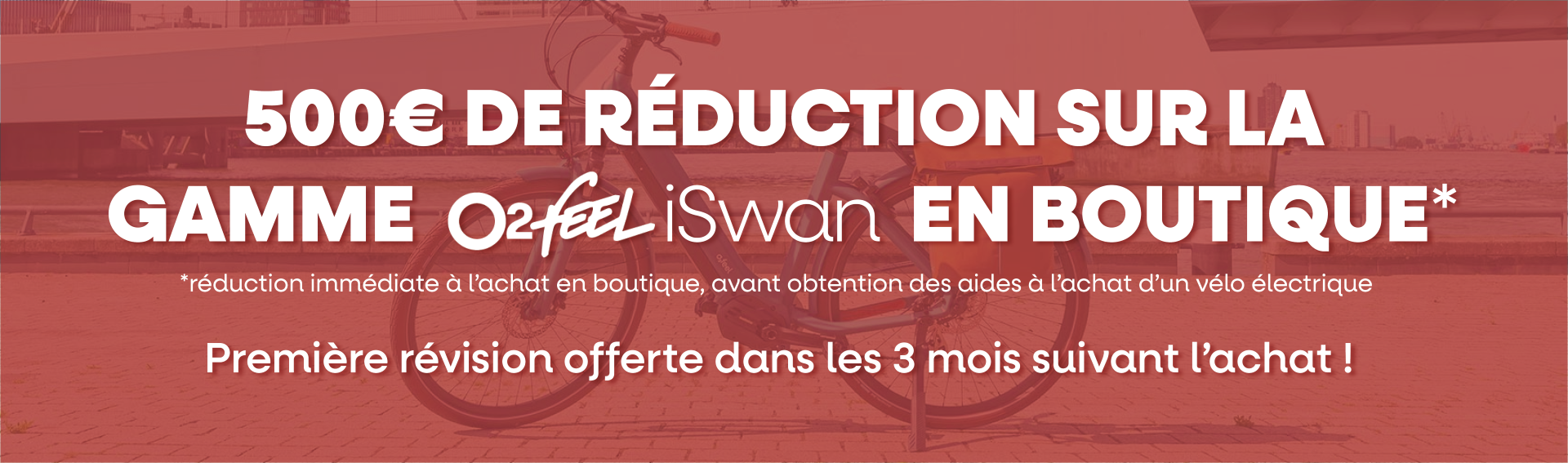 Bannière promotionnelle pour la réduction de 500€ sur les vélos électriques en boutique